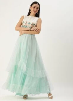 Teen Girls Off White Gota Patti Cotton Gowm Festive Wear -Mahra Clothing Shop Off White Gota Patti Cotton Gowm IWBS02302561 u