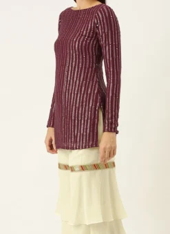 Teen Girls Off White N Marron Embroidered Layered Gharara Suit Festive Wear