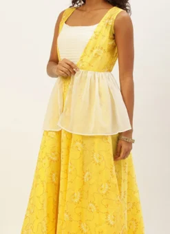Off White N Yellow Foil Printed Gown Festive Wear