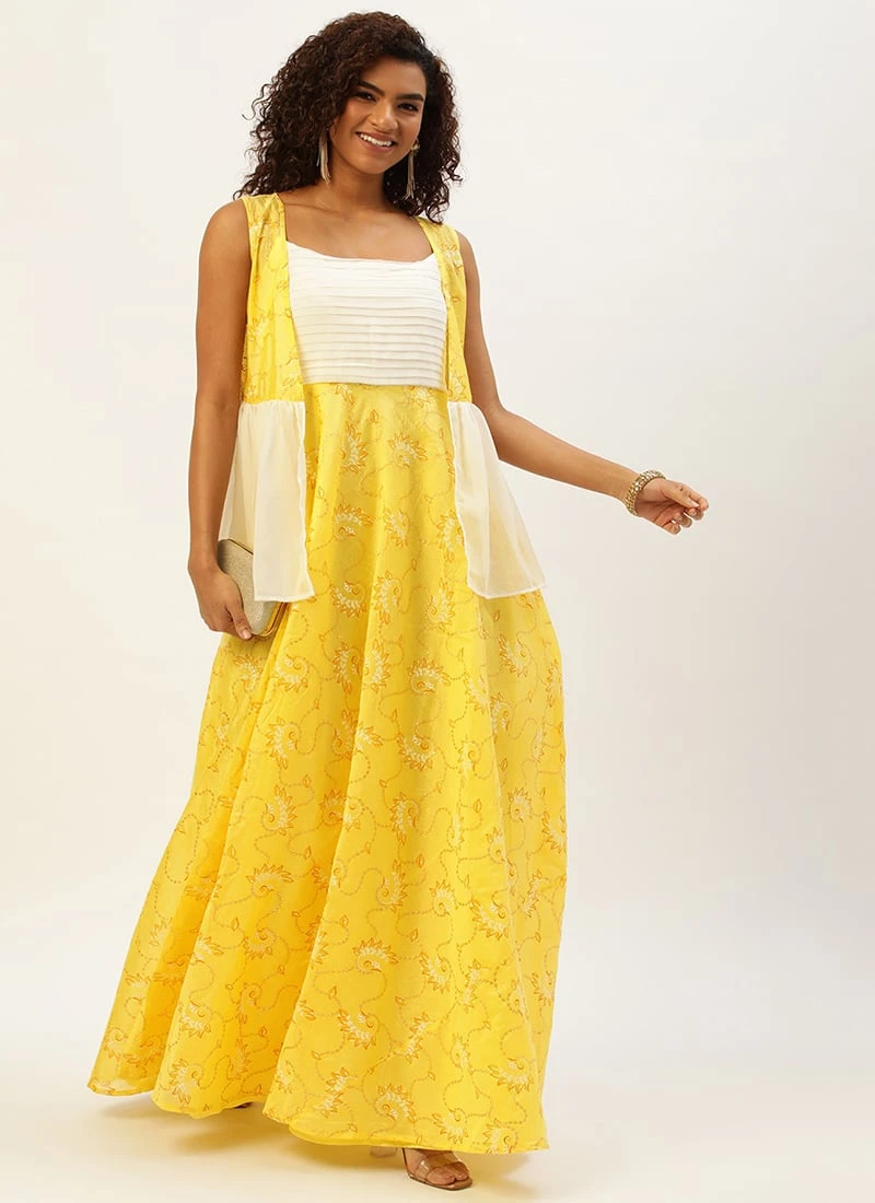 Jacket From Off White N Yellow Foil Printed Gown 3 Jacket From Off White N Yellow Foil Printed Gown - Image 3