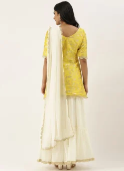 Teen Girls Off White N Yellow Jacquard Tiered Sharara Set Festive Wear -Mahra Clothing Shop Off White N Yellow Jacquard Tiered Sharara Set SLBS02101769 b
