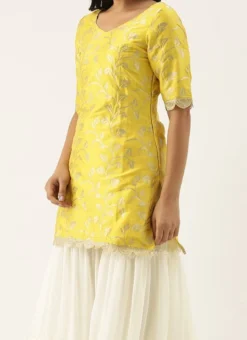 Teen Girls Off White N Yellow Jacquard Tiered Sharara Set Festive Wear
