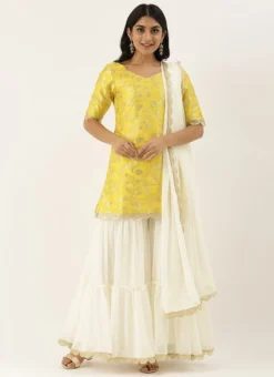 Teen Girls Off White N Yellow Jacquard Tiered Sharara Set Festive Wear -Mahra Clothing Shop Off White N Yellow Jacquard Tiered Sharara Set SLBS02101769 u