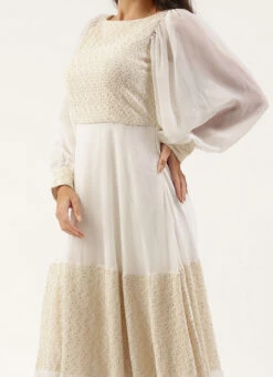 Teen Girls Off White Viscose Embroidered N Sequins Gown Festive Wear