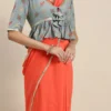 Teen Girls Orange Saree N Blouse With Blue Jacket Festive Wear