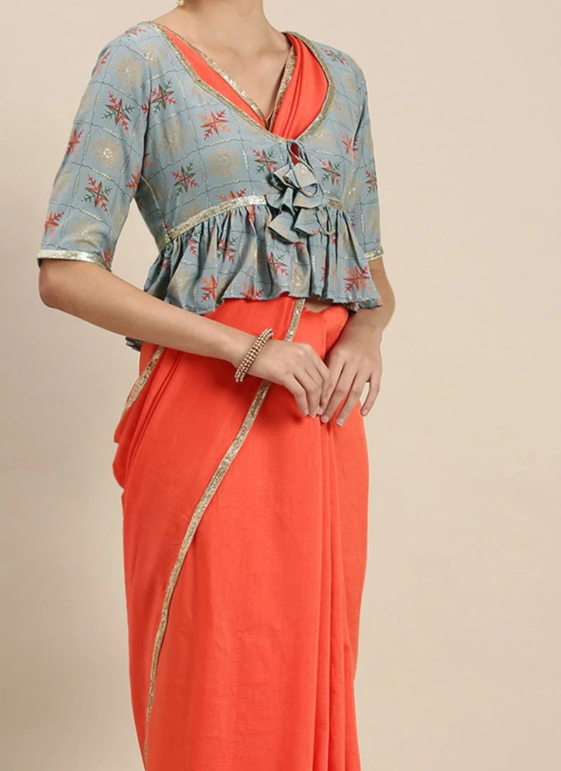 Teen Girls Orange Saree N Blouse With Blue Jacket Festive Wear 1 Teen Girls Orange Saree N Blouse With Blue Jacket Festive Wear