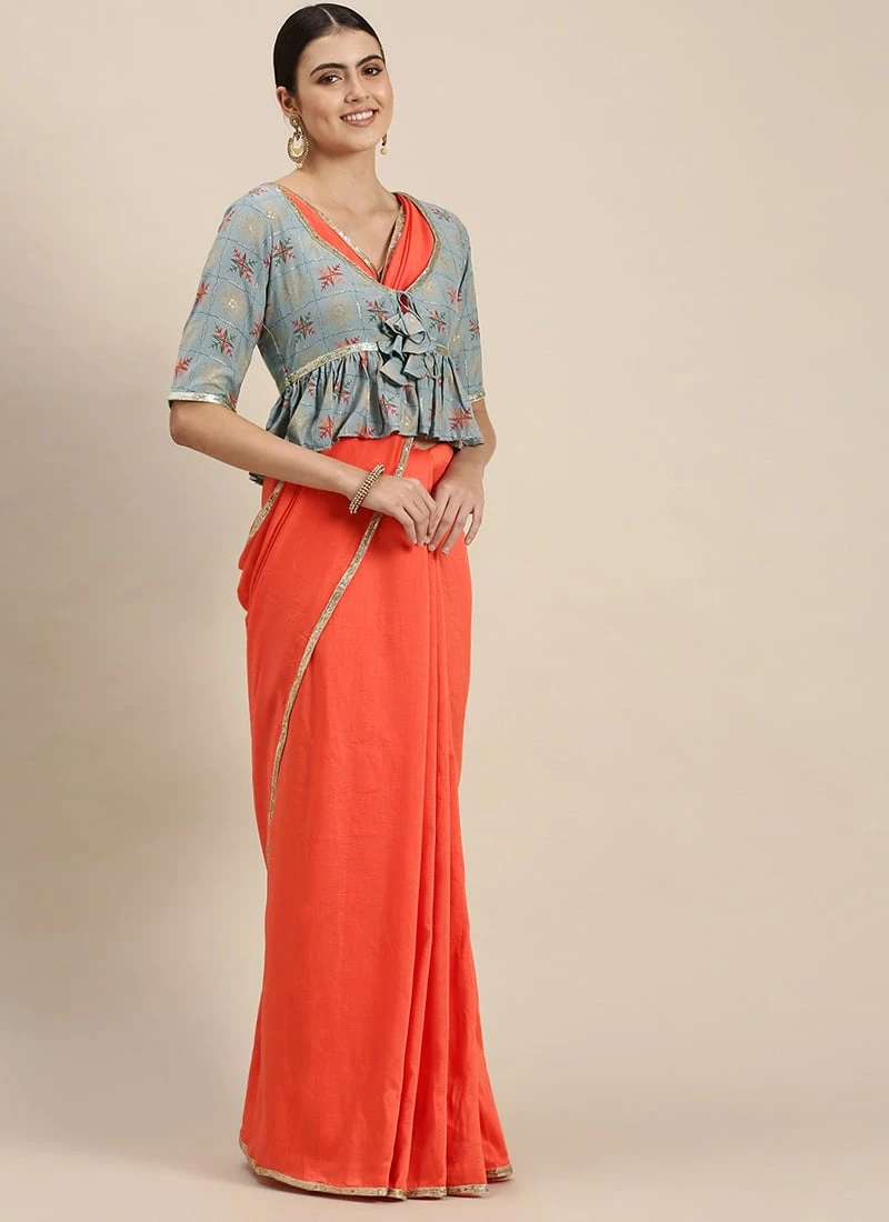 Teen Girls Orange Saree N Blouse With Blue Jacket Festive Wear 3 Teen Girls Orange Saree N Blouse With Blue Jacket Festive Wear - Image 3