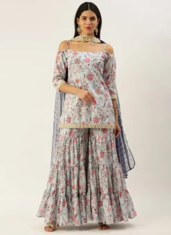Teen Girls Pale Blue Lily Art Silk Printed Gharara Set Party Wear -Mahra Clothing Shop Pale Blue Lily Art Silk Printed Gharara Set SLBS02302281 u 2