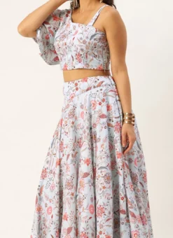 Teen Girls Pale Blue Lily Art Silk Printed Skirt Set Party Wear