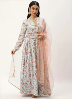 Teen Girls Green Georgette Digital Printed Lehenga Set Festive Wear -Mahra Clothing Shop Pale Blue Lily Digital Printed Lehenga Set GHBS02301109 u
