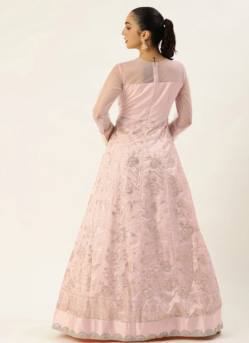 Teen Girls Peach Art Silk Embroidered N Sequins Kali Gown Festive Wear 4 Teen Girls Peach Art Silk Embroidered N Sequins Kali Gown Festive Wear - Image 4