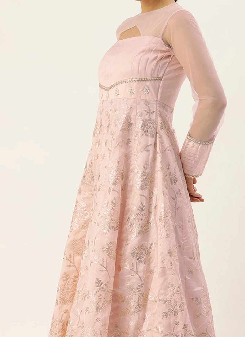 Teen Girls Peach Art Silk Embroidered N Sequins Kali Gown Festive Wear 1 Teen Girls Peach Art Silk Embroidered N Sequins Kali Gown Festive Wear