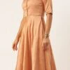 Teen Girls Peach Art Silk Jacquard Floor Length Gown Festive Wear