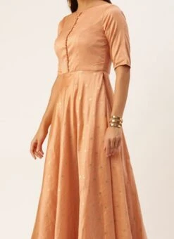 Teen Girls Peach Art Silk Jacquard Floor Length Gown Festive Wear