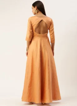 Teen Girls Peach Art Silk Jacquard Pleated Yoke Gown Wedding Wear -Mahra Clothing Shop Peach Art Silk Jacquard Pleated Yoke Gown IWBS02212540 b 1