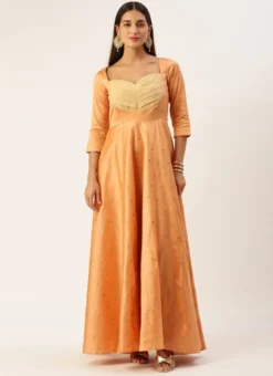 Teen Girls Peach Art Silk Jacquard Pleated Yoke Gown Wedding Wear -Mahra Clothing Shop Peach Art Silk Jacquard Pleated Yoke Gown IWBS02212540 u 1