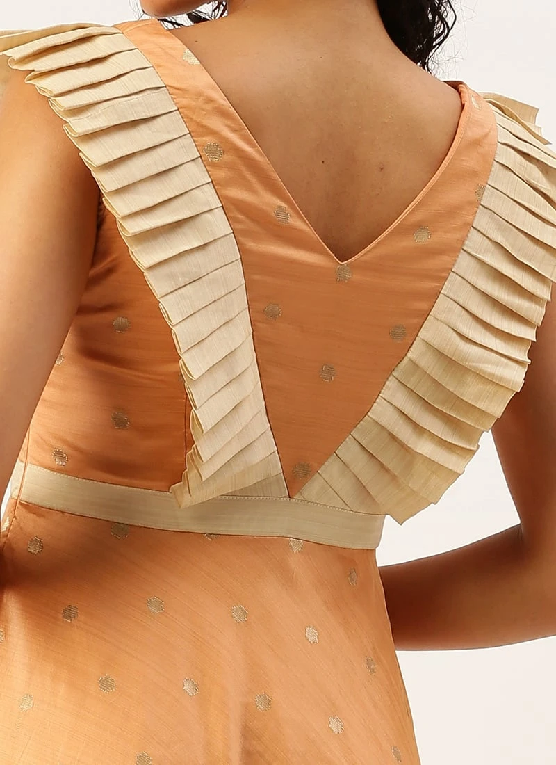 Peach Art Silk Jacquard Ruffled Dress Festive Wear 6 Peach Art Silk Jacquard Ruffled Dress Festive Wear - Image 6