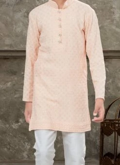 Peach Blended Cotton Kids Boys Kurta Pyjama Party Wear
