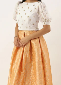 Teen Girls Peach Brocade Box Pleat Skirt N Crop Top Set Festive Wear