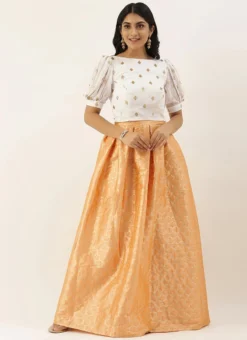 Teen Girls Peach Brocade Box Pleat Skirt N Crop Top Set Festive Wear -Mahra Clothing Shop Peach Brocade Box Pleat Skirt N Crop Top Set IWBS02012742 u