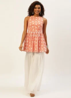 Top From Peach Embroidered Georgette Gharara Suit After Six Wear -Mahra Clothing Shop Peach Embroidered Georgette Gharara Suit IWBS02209755 u