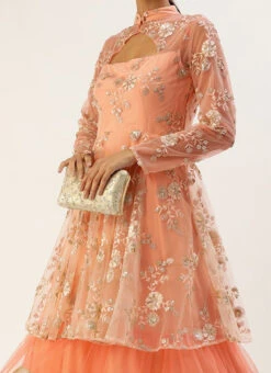 Teen Girls Peach Embroidered Layered Style Bridal Gown Wedding Wear