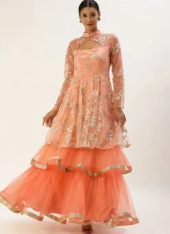 Teen Girls Peach Embroidered Layered Style Bridal Gown Wedding Wear -Mahra Clothing Shop Peach Embroidered Layered Style Bridal Gown IWBS02008733 u
