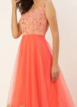 Peach Embroidered Layered Style Gown Wedding Wear
