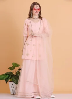Teen Girls Peach Embroidered Palazzo Suit Festive Wear -Mahra Clothing Shop Peach Embroidered Palazzo Suit SLBS02306390 u 3