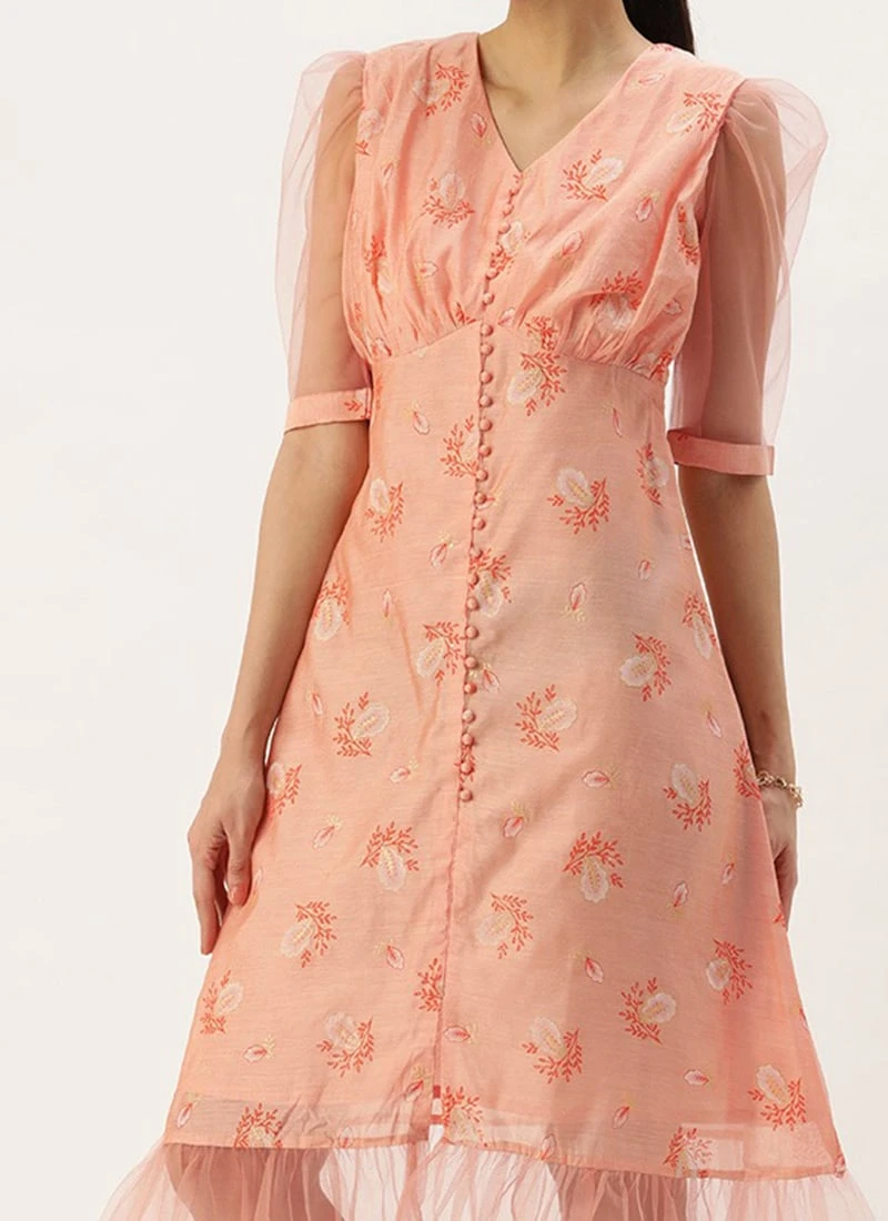Peach Foil Printed A Line Dress After Six Wear 1 Peach Foil Printed A Line Dress After Six Wear