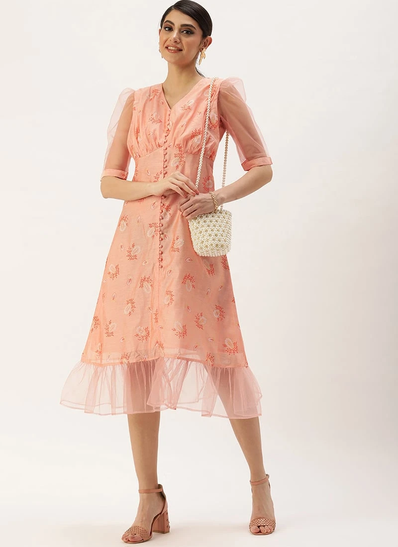 Peach Foil Printed A Line Dress After Six Wear 3 Peach Foil Printed A Line Dress After Six Wear - Image 3