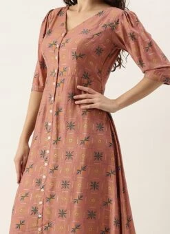 Peach Foil Printed A Line Dress Work Wear