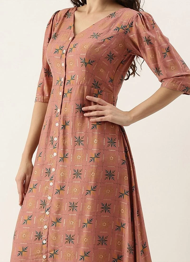 Peach Foil Printed A Line Dress Work Wear 1 Peach Foil Printed A Line Dress Work Wear