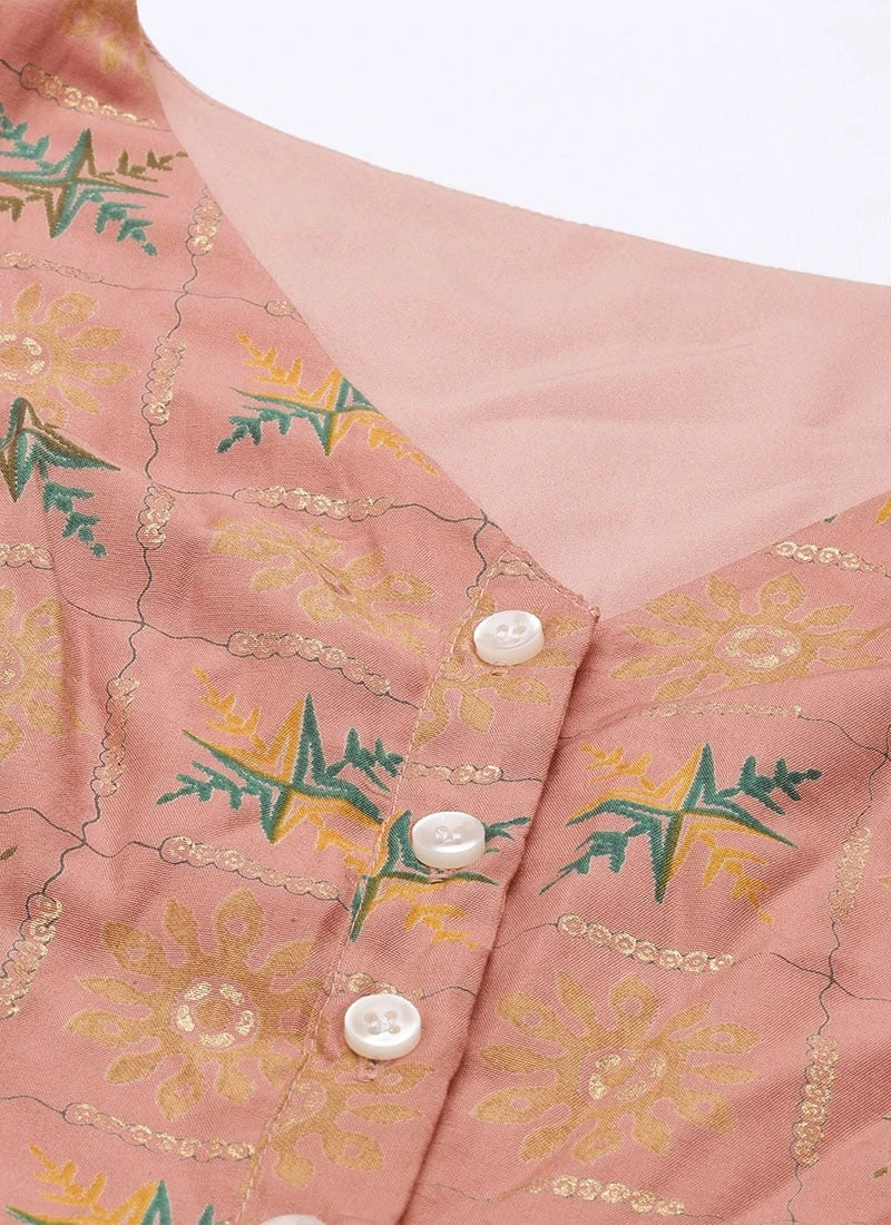 Peach Foil Printed A Line Dress Work Wear 5 Peach Foil Printed A Line Dress Work Wear - Image 5