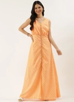 Peach Foil Printed Cotton Maxi Dress After Six Wear Festive Wear -Mahra Clothing Shop Peach Foil Printed Cotton Maxi Dress DRBS02206182 u