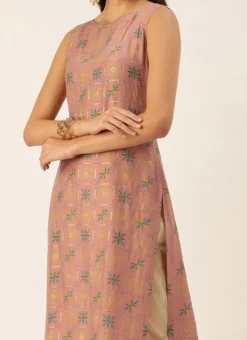 Peach Foil Printed Kurta N Straight Pant Set Festive Wear Work Wear