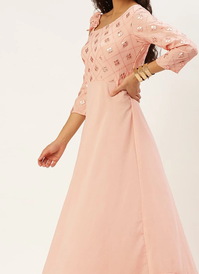 Teen Girls Peach Georgette Sequins One Shoulder Style Gown Party Wear 1 Teen Girls Peach Georgette Sequins One Shoulder Style Gown Party Wear