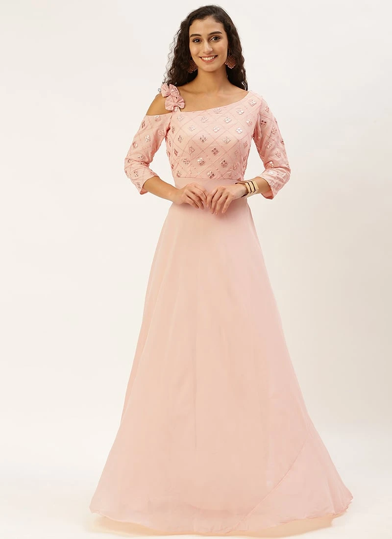 Teen Girls Peach Georgette Sequins One Shoulder Style Gown Party Wear 3 Teen Girls Peach Georgette Sequins One Shoulder Style Gown Party Wear - Image 3