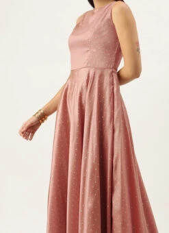 Teen Girls Peach Jacquard Art Silk Halter Neck Gown Festive Wear