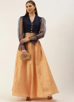 Teen Girls Peach Jacquard N Navy Blue Art Silk Skirt Set Festive Wear -Mahra Clothing Shop Peach Jacquard N Navy Blue Art Silk Skirt Set IWBS02212526 u 1
