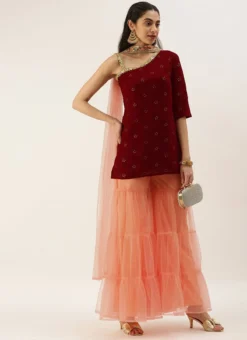 Teen Girls Peach N Maroon Georgette Embroidered Palazzo Suit Festive Wear -Mahra Clothing Shop Peach N Maroon Georgette Embroidered Palazzo Suit SLBS02205046 u