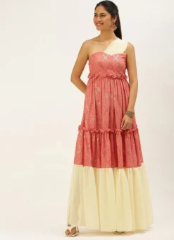Peach N White Embroidered Tiered Maxi Dress Festive Wear -Mahra Clothing Shop Peach N White Embroidered Tiered Maxi Dress DRBS02206302 u