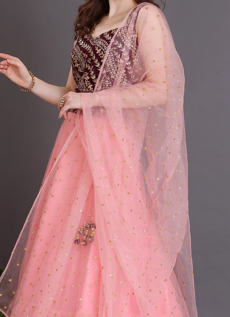 Dupatta From Peach Net N Wine Embroidered Lehenga Set After Six Wear 1 Dupatta From Peach Net N Wine Embroidered Lehenga Set After Six Wear