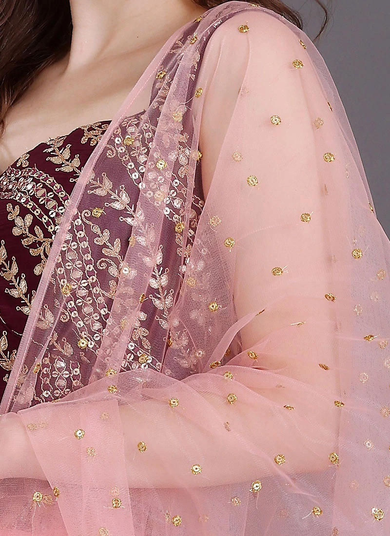 Dupatta From Peach Net N Wine Embroidered Lehenga Set After Six Wear 7 Dupatta From Peach Net N Wine Embroidered Lehenga Set After Six Wear - Image 7