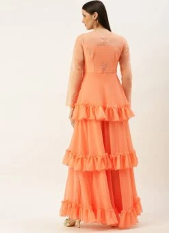 Teen Girls Peach Organza Embroidered Layered Gown Party Wear -Mahra Clothing Shop Peach Organza Embroidered Layered Gown IWBS02204835 b