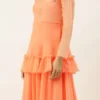 Teen Girls Peach Organza Embroidered Layered Gown Party Wear