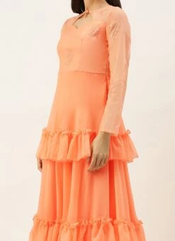 Teen Girls Peach Organza Embroidered Layered Gown Party Wear
