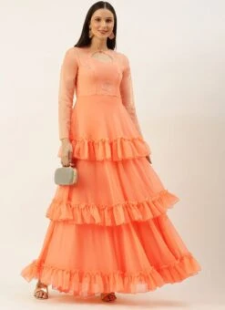Teen Girls Peach Organza Embroidered Layered Gown Party Wear -Mahra Clothing Shop Peach Organza Embroidered Layered Gown IWBS02204835 u