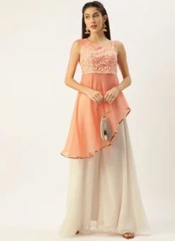 Teen Girls Peach And White One Shoulder Style Palazzo Set Party Wear -Mahra Clothing Shop Peach and White One Shoulder Style Palazzo Set IWBS02204651 u