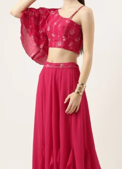 Teen Girls Pink Art Silk Foil Printed Skirt Set Festive Wear